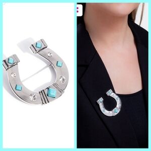 Silvertone and Blue Western Brooch with Detailed Craftsmanship